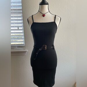Black Ribbed Midi Dress with Belt